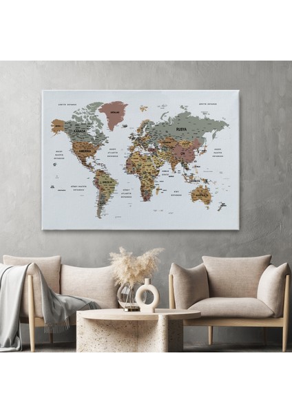 Türkçe Dünya Haritası Dekoratif Kanvas Tablo Son Derece Detaylı 1634 fiyatları