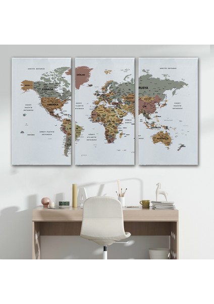 Türkçe Dünya Haritası Dekoratif Kanvas Tablo Son Derece Detaylı 1634 modelleri