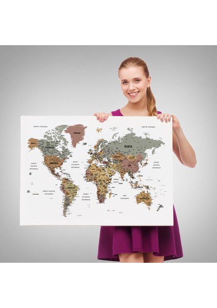 Türkçe Dünya Haritası Dekoratif Kanvas Tablo Son Derece Detaylı 1634 fırsatları