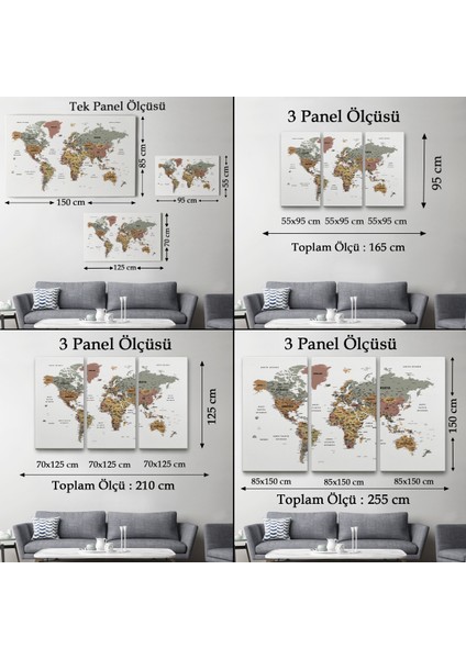 Türkçe Dünya Haritası Dekoratif Kanvas Tablo Son Derece Detaylı 1634