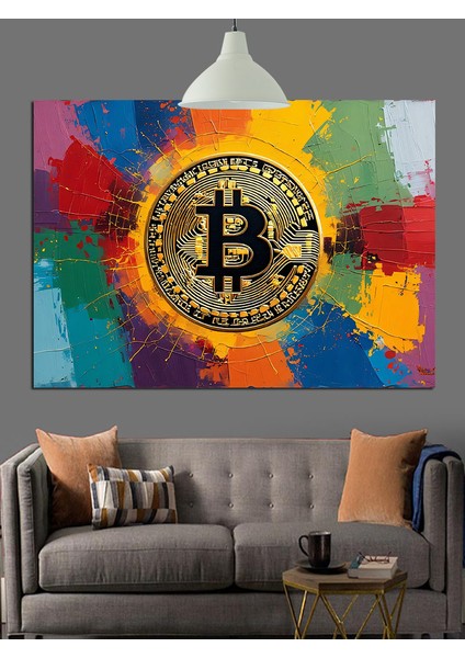 Renkli Fonda Bitcoin Sembolü Dekoratif Kanvas - Mdf Ahşap Tablo