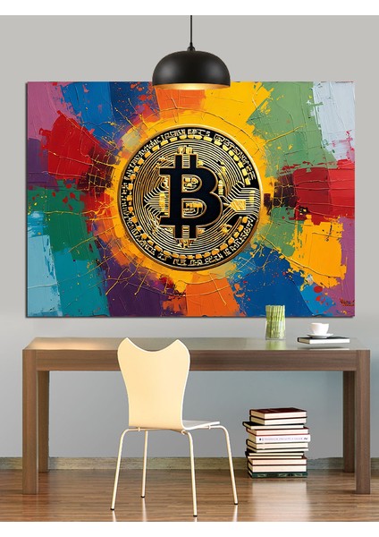 Renkli Fonda Bitcoin Sembolü Dekoratif Kanvas - Mdf Ahşap Tablo fiyatları