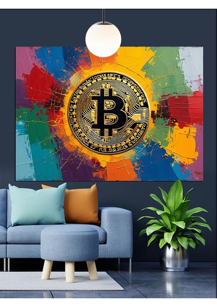 Renkli Fonda Bitcoin Sembolü Dekoratif Kanvas - Mdf Ahşap Tablo modelleri
