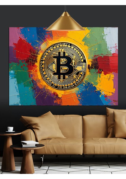 Renkli Fonda Bitcoin Sembolü Dekoratif Kanvas - Mdf Ahşap Tablo fırsatları