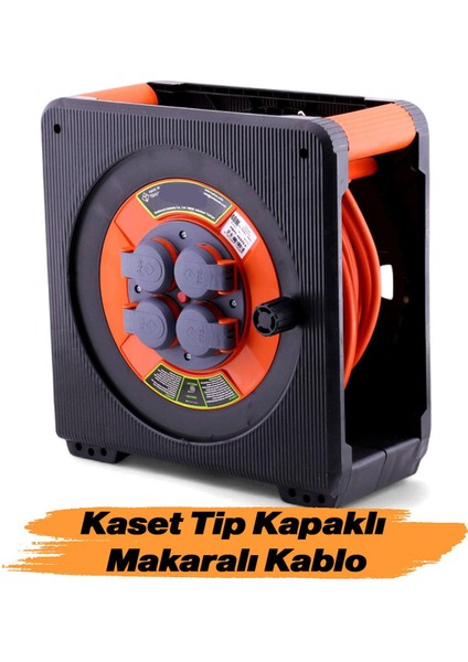 Makaralı Seyyar Cca 3x1.5 mm 50 mt Uzatma Kablosu Kapaklı 4 Prizli Monofaze Termal Sigortalı Plastik