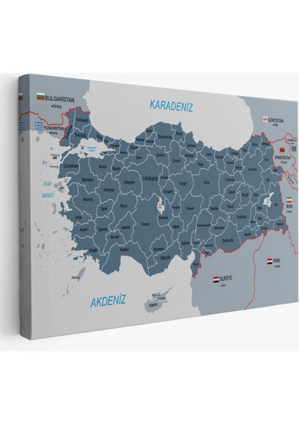 Türkiye Haritası Kanvas Tablo Sınır Komşulu Eğitici ve Öğretici Dekoratif Tablo 3093