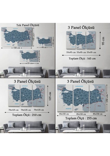 Türkiye Haritası Kanvas Tablo Sınır Komşulu Eğitici ve Öğretici Dekoratif Tablo 3093