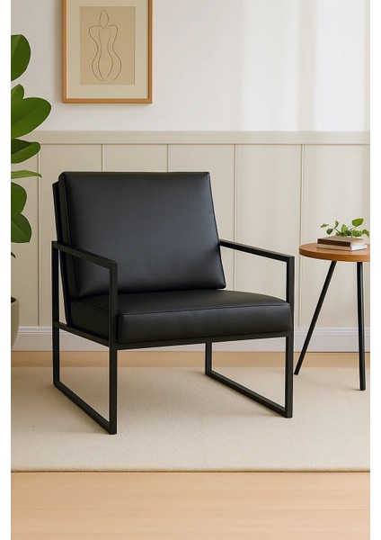 - Iskandinav Tekli Koltuk Modern Berjer - Deri Kumaş - Metal Iskelet - Siyah