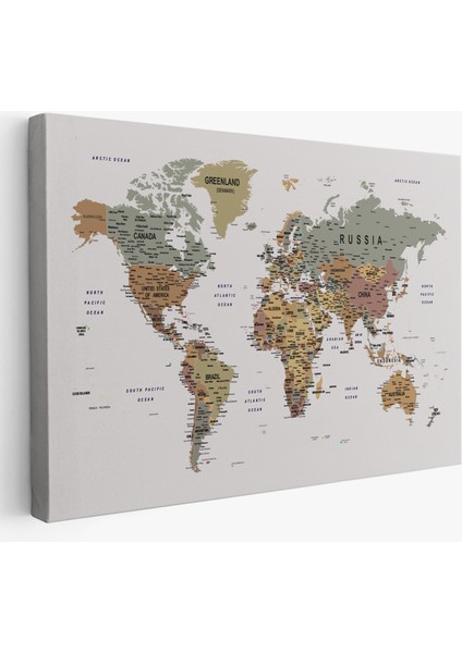 Detaylı Dünya Haritası Dekoratif Renkli Zeminli Kanvas Tablo 1702