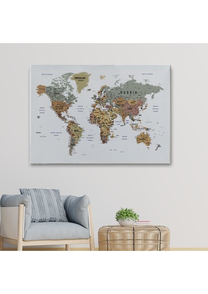 Detaylı Dünya Haritası Dekoratif Renkli Zeminli Kanvas Tablo 1702 fiyatları