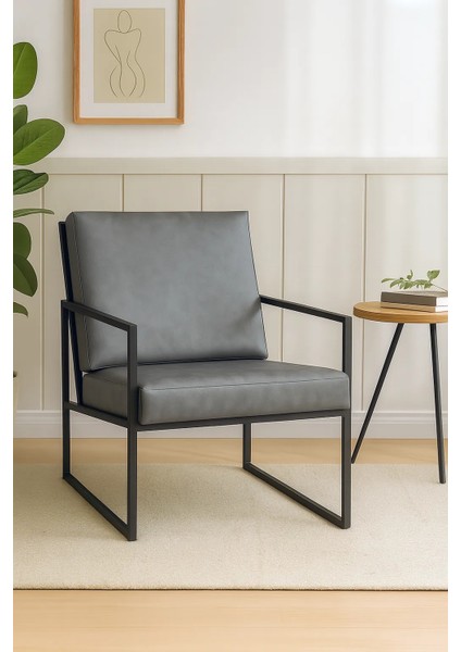 - Iskandinav Tekli Koltuk Modern Berjer - Deri Kumaş - Metal Iskelet - Gri