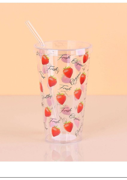 Desenli Plastik Pipetli Bardak 16 cm 1 Adet -ENF-040