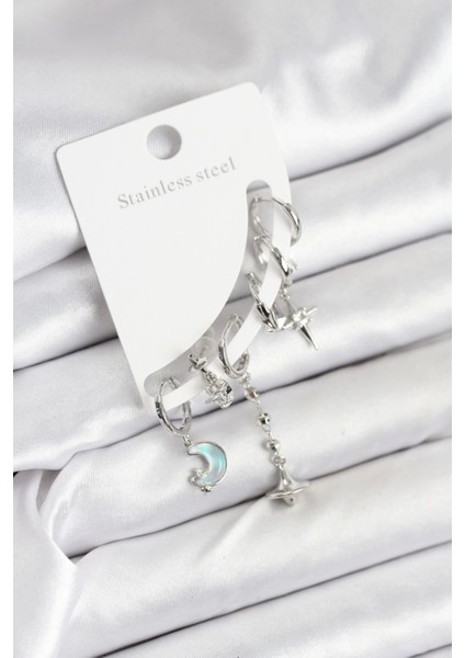 Pirinç Gümüş Renk Ay Model Kadın Set Küpe