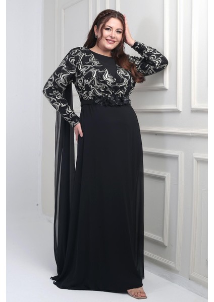 Kadın Kruvaze Yaka Görünümlü Pullu Astarlı Şifon Uzun B.b. Elbise fiyatları