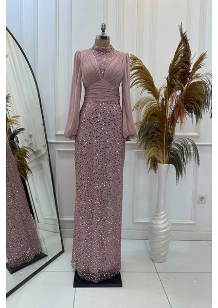 Pul Payet Balon Kollu Tesettür Abiye