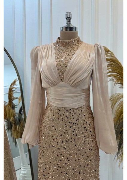 Pul Payet Balon Kollu Tesettür Abiye