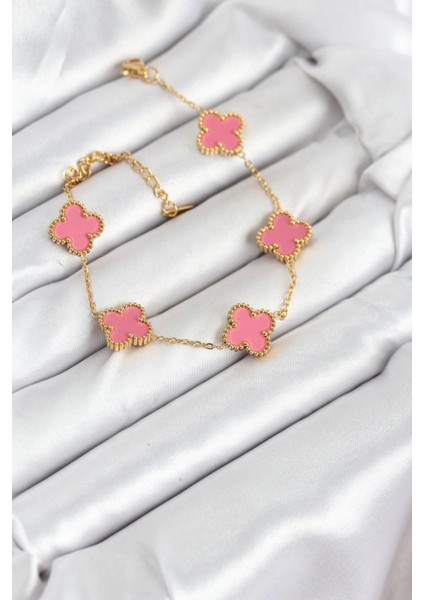 316L Çelik Gold Zincir Pembe Yonca Renk Bileklik fiyatları