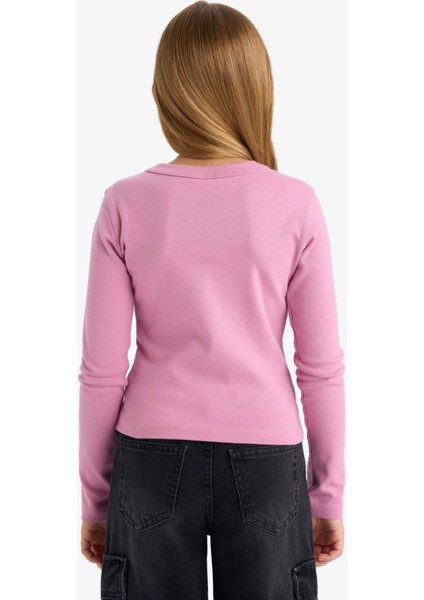 Kız Çocuk Slim Fit Dar Kesim Bisiklet Yaka Baskılı Fitilli Kaşkorse Uzun Kollu Tişört C7465A825AU