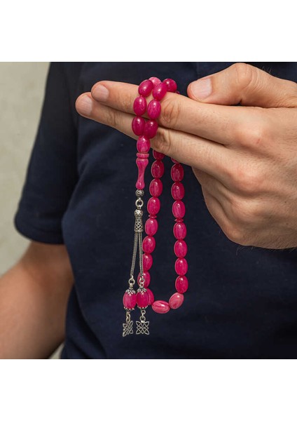 Gümüş Püsküllü Pembe Sıkma Kehribar Tesbih fiyatları