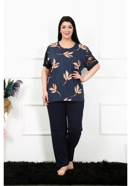 Kadın 5xl-6xl-7xl-8xl Büyük Beden Kısa Kol Pijama Takım Lacivert