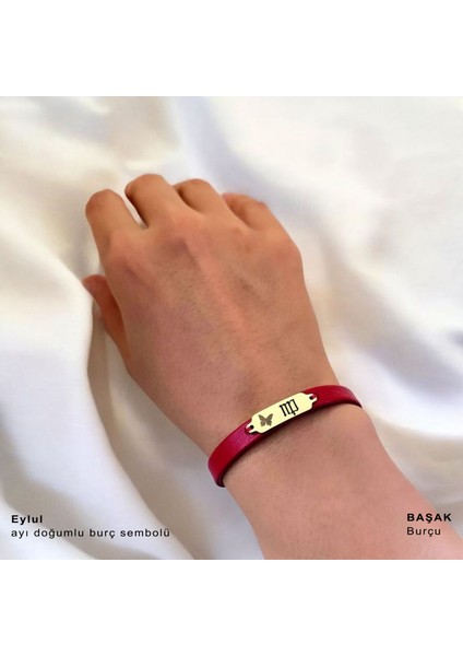 14 Ayar Altın Plakalı Eylül Ayı Doğumlarına Kırmızı Derili Kelebek Motifli Hediye BILEKLIK-652AY