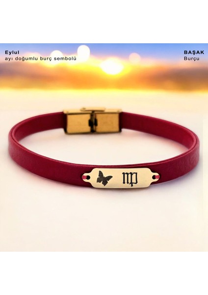 14 Ayar Altın Plakalı Eylül Ayı Doğumlarına Kırmızı Derili Kelebek Motifli Hediye BILEKLIK-652AY fiyatları