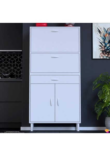 Vio (85X163,4X32,5 Cm) Yeni Çekmeceli, Kapaklı, Ekmeklikli, Çok Amaçlı Mutfak Dolabı.