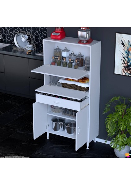 Vio (85X163,4X32,5 Cm) Yeni Çekmeceli, Kapaklı, Ekmeklikli, Çok Amaçlı Mutfak Dolabı. modelleri