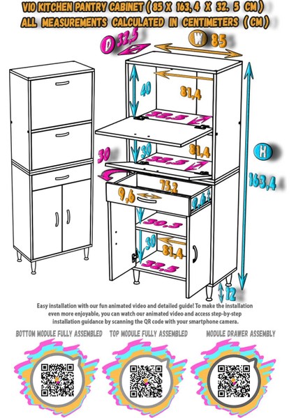 Vio (85X163,4X32,5 Cm) Yeni Çekmeceli, Kapaklı, Ekmeklikli, Çok Amaçlı Mutfak Dolabı. indirimleri