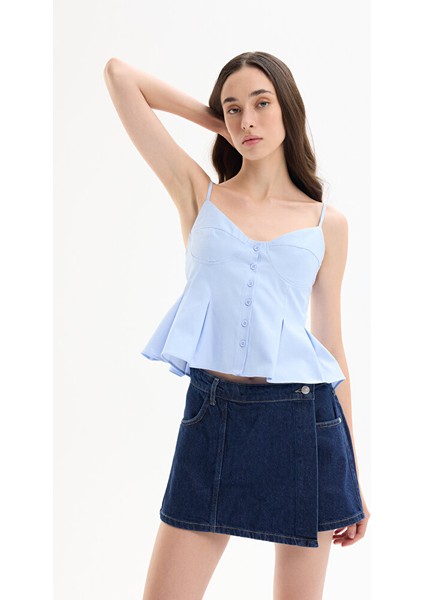 Pile Detaylı Düğmeli Ince Askılı Bluz Mavi