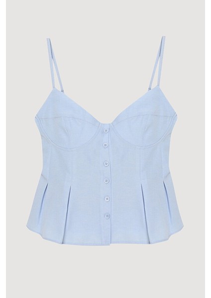 Pile Detaylı Düğmeli Ince Askılı Bluz Mavi fiyatları