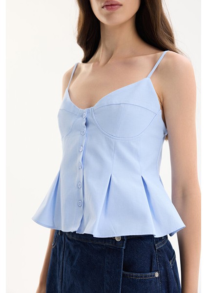Pile Detaylı Düğmeli Ince Askılı Bluz Mavi modelleri