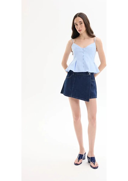 Pile Detaylı Düğmeli Ince Askılı Bluz Mavi fırsatları