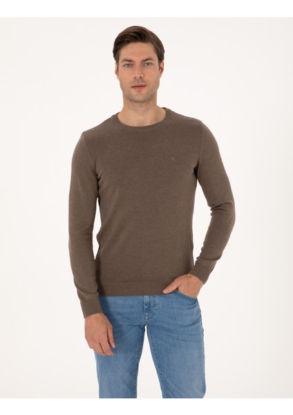 Erkek Vizon Melanj Slim Fit Bisiklet Yaka Basic Triko Kazak 50315509-VR174