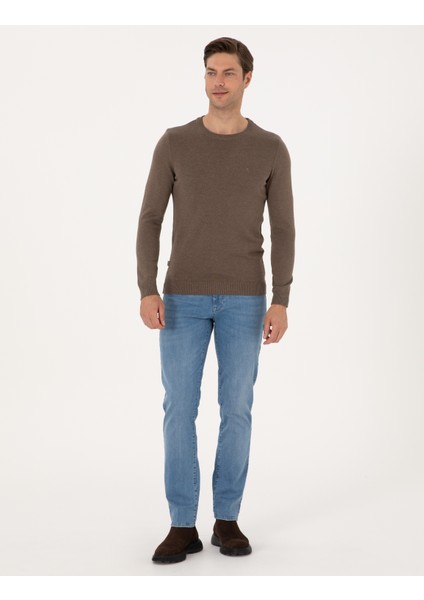 Erkek Vizon Melanj Slim Fit Bisiklet Yaka Basic Triko Kazak 50315509-VR174 fırsatları