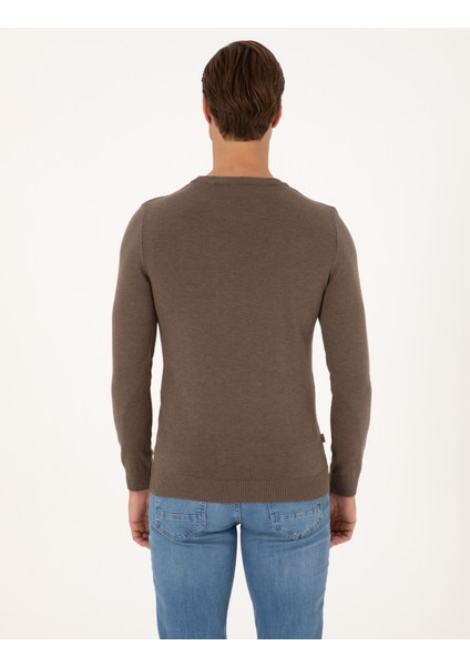 Erkek Vizon Melanj Slim Fit Bisiklet Yaka Basic Triko Kazak 50315509-VR174 indirimleri