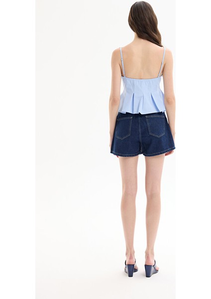 Pile Detaylı Düğmeli Ince Askılı Bluz Mavi indirimleri