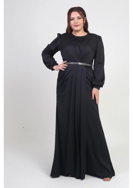 Kadın Kruvaze Yaka Görünümlü Pileli Astarlı Uzun Saten B.b. Elbise