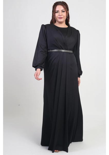 Kadın Kruvaze Yaka Görünümlü Pileli Astarlı Uzun Saten B.b. Elbise indirimleri