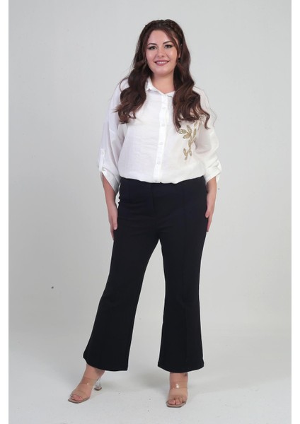 Kadın Beli Lastikli En Boy Likralı Örme Krep Çımalı Büyük Beden Palazzo Pantolon