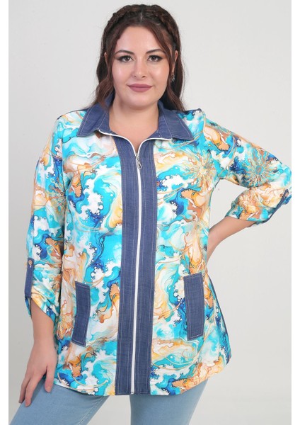 Kadın Önü Fermuarlı Desenli Büyük Beden Kot Gömlek fiyatları