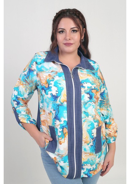 Kadın Önü Fermuarlı Desenli Büyük Beden Kot Gömlek fırsatları