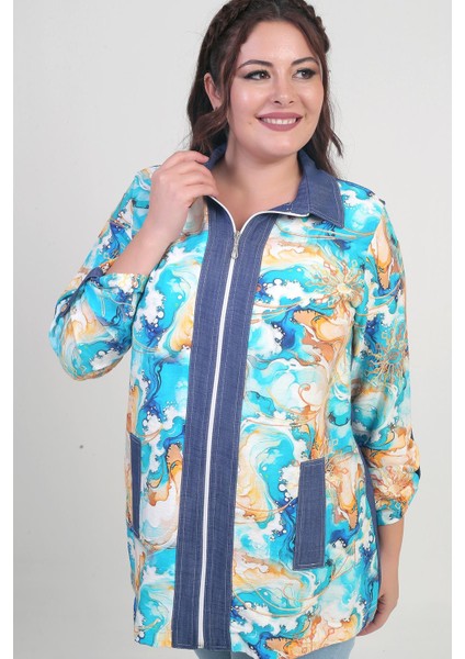 Kadın Önü Fermuarlı Desenli Büyük Beden Kot Gömlek indirimleri