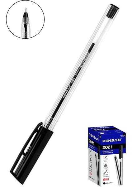 Siyah Tükenmez Kalem 2021 1.0mm 1 Adet Pensan Şeffaf Üçgen Gövde Plastik Kapaklı Tükenmez Kalem Büro Ofis