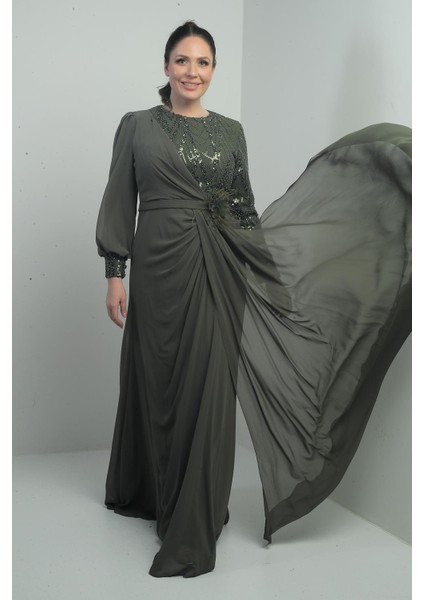 Kadın Üstü Pul-Boncuk Işlemeli Astarlı Beli Çiçekli Büyük Beden Uzun Şifon Elbise