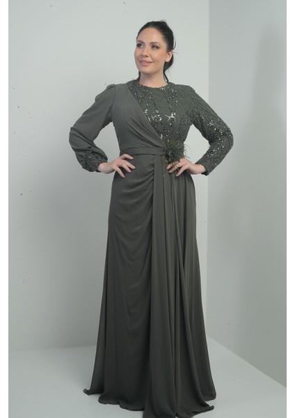 Kadın Üstü Pul-Boncuk Işlemeli Astarlı Beli Çiçekli Büyük Beden Uzun Şifon Elbise fiyatları