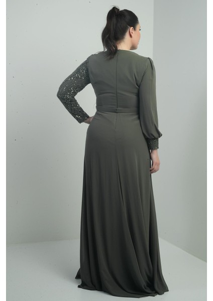 Kadın Üstü Pul-Boncuk Işlemeli Astarlı Beli Çiçekli Büyük Beden Uzun Şifon Elbise fırsatları