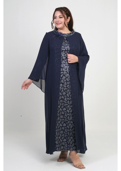 Kadın Üstü Şifon Pelerinli Pul Taş Detaylı Geometrik Desen Likralı B.b. Uzun Elbise fiyatları