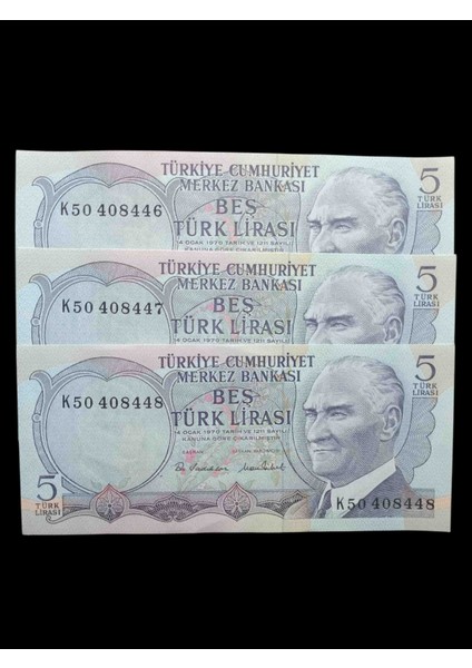 6. Emisyon 5 Türk Lirası 3 Adet Sıralı Takipli Koleksiyon Para.