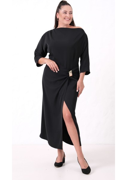 Kadın Siyah Aksesuar Detay Midi Davet Elbise fiyatları